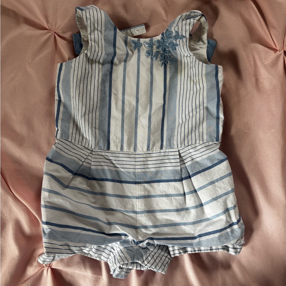 Janie and Jack Blue & White Striped Romper with Floral Embroidery